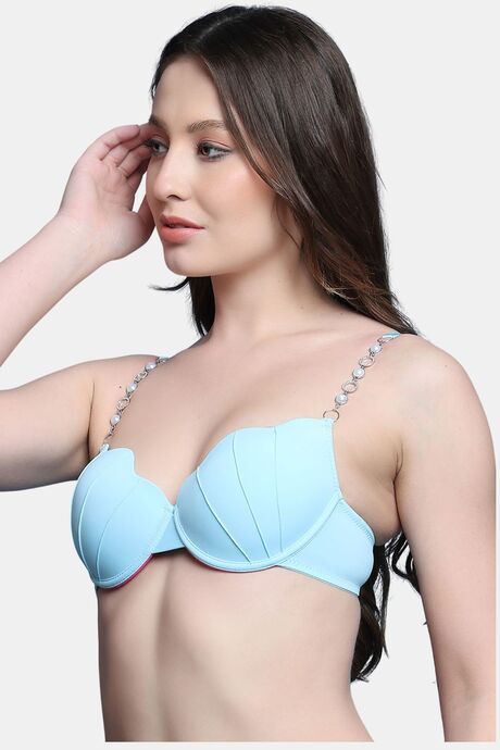 PrettyCat Lightly Padded UnderWired Sexy Plunge Bra With Pearls Strap - Light Blue — image 2